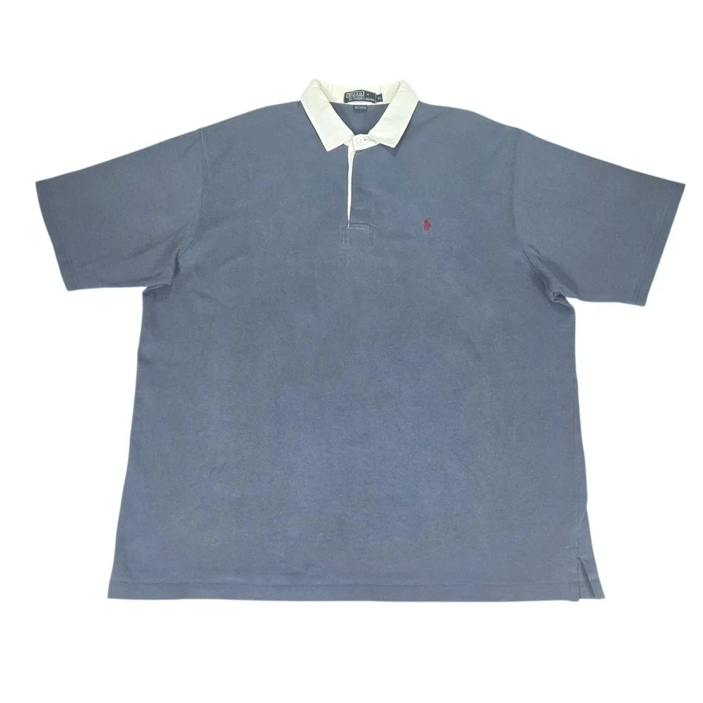 Vtg Polo Ralph Lauren Rugby Shirt Mens XL Blue‎ Short Sleeve Contrast Collar Y2K
